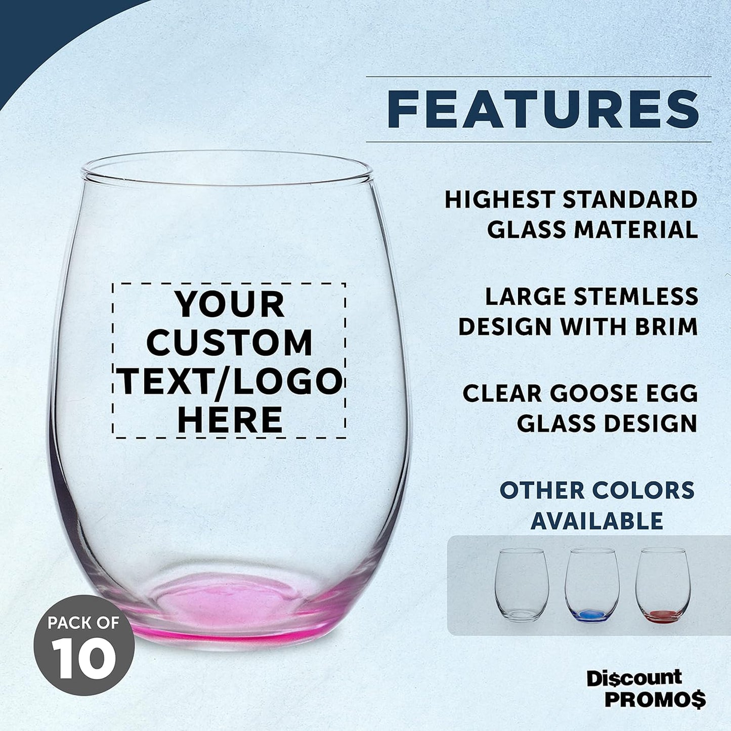Custom Stemless Wine Glasses in Bulk by ARC Perfection, 15 oz, 10 pack, Personalized Text, Logo, Red or White Wine Glass Set, Pink