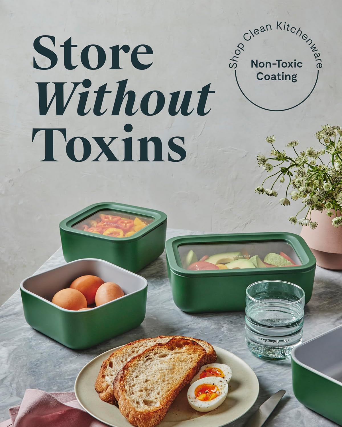 Caraway 6pc Glass Food Storage Set – 6.6 Cup Food Containers (6) - Ceramic Coated - Non Toxic, Non Stick with Lids - Microwave Safe - Perracotta