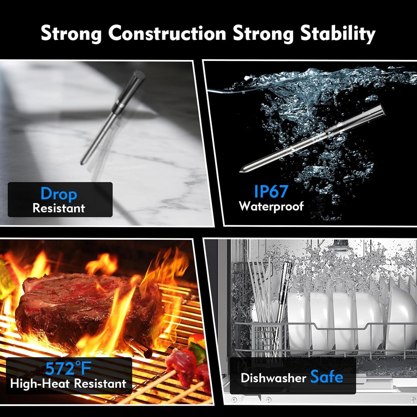 Aurasky Wireless Smart Meat Thermometer, Accurate Temperature Detection Probe, 500FT Remote Monitoring, Dual Alarm, Cooking Meat Thermometer Wireless for Grilling, Smoking, Oven, BBQ, Rotisserie