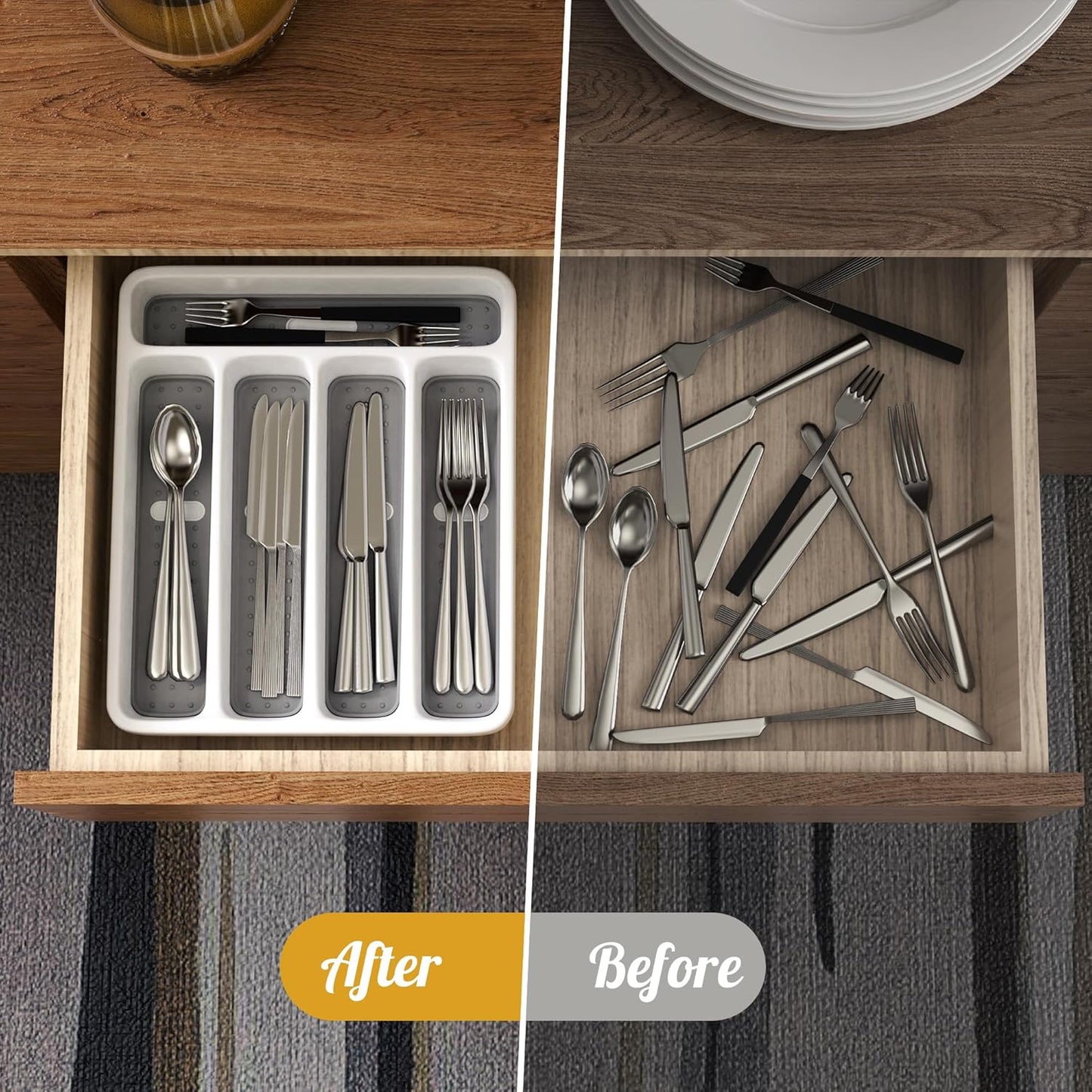 5-Slot Utensil Drawer Organizer for Silverware & Cutlery | Large Plastic Utensil Holder with Non-Slip Design, Silverware Drawer Organizer, BPA-Free (White)