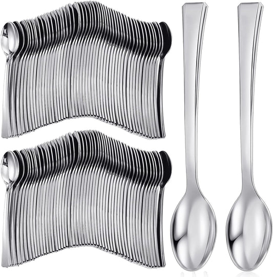 Yinkin 300 Pieces Plastic Mini Appetizer Spoon 4.53 Inch Stainless Steel Finished Silver Disposable Silverware Heavy Duty Plastic Tasting Dessert Forks for Party Wedding Catering