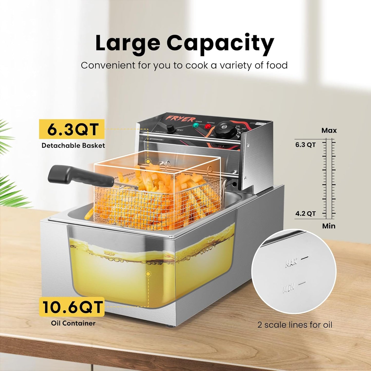 VIVOHOME 2500W 10.6 QT Electric Deep Fryer with 6.3 QT Removable Basket, Temperature Adjustable 140-392℉