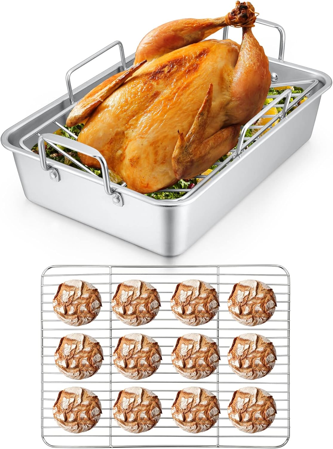 Herogo Roasting Pan with Flat Rack & V-shaped Rack Set, 16 x 11.5 Inch Stainless Steel Turkey Roaster Pan for Thanksgiving Christmas, Dishwasher Safe - Large