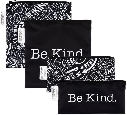 Bumkins - Cloth Snack & Sandwich Bags - For Storage, Travel, Food Prep, Lunch - Reusable, Water Resistant, Washable, Dishwasher Safe - Snack Bags for Kids - Zipper Closure - BTWF Be Kind - 4 Pack