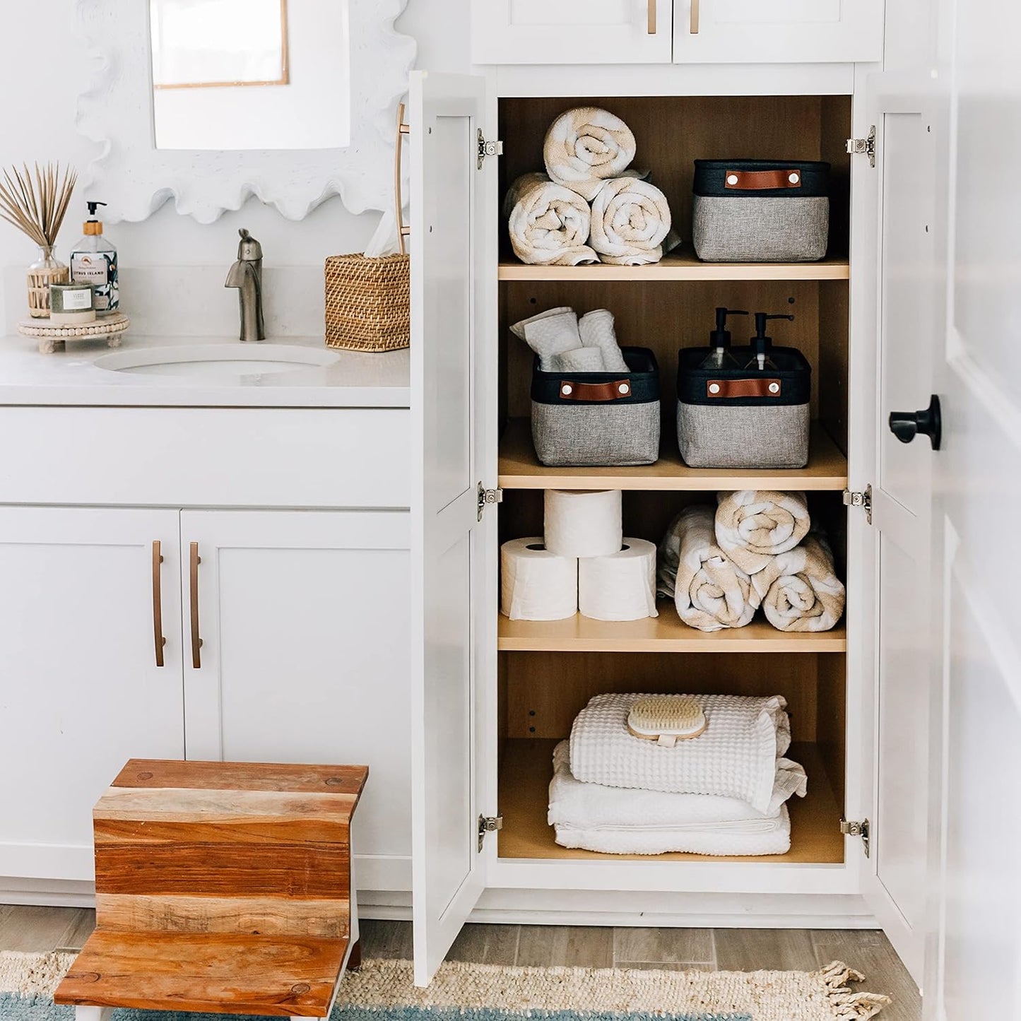 OrganiHaus Small Fabric Storage Baskets for Shelves 3 Pack, 12x8in Closet Storage Bins for Shelves, Cloth Baskets for Organizing, Linen Closet Organizers, Fabric Basket, Gray/Black