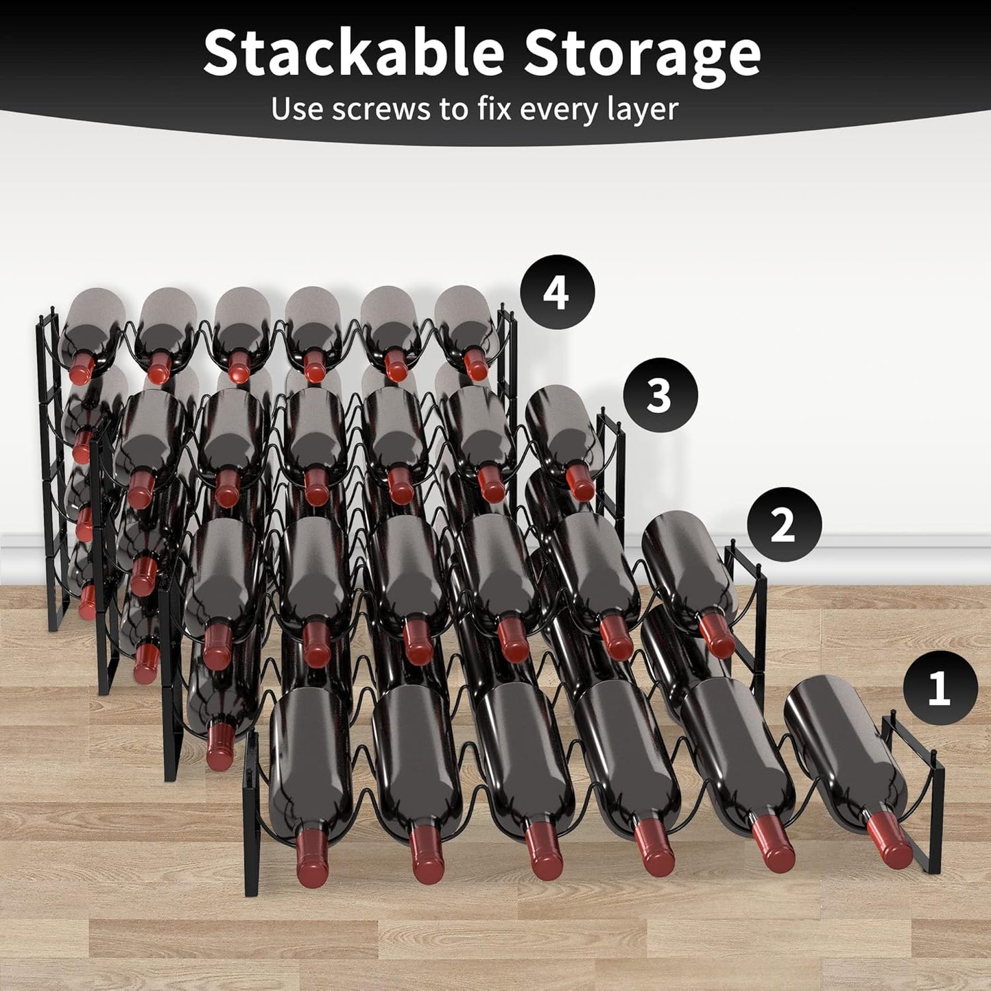 TONLEA 4-Tier Wine Rack - 3-in-1, Stackable, 24-Bottle Wine Storage Rack for Cabinet or Pantry (Dark Black, Version 3.0)