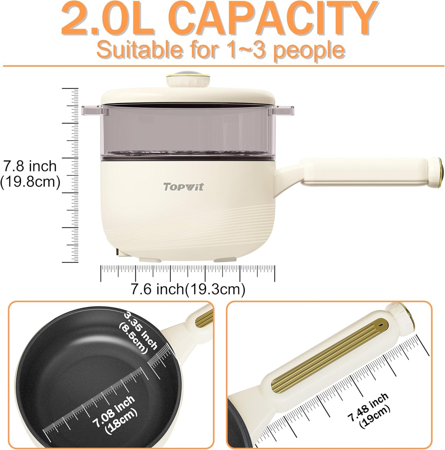TOPWIT Hot Pot Electric with Steamer, 2L Multifunctional Electric Pot, Non-Stick Sauté Pan, Portable Pot for Steak, Fried Rice, Ramen, Soup with Dual Power Control (Silicone Spatula Included), Beige