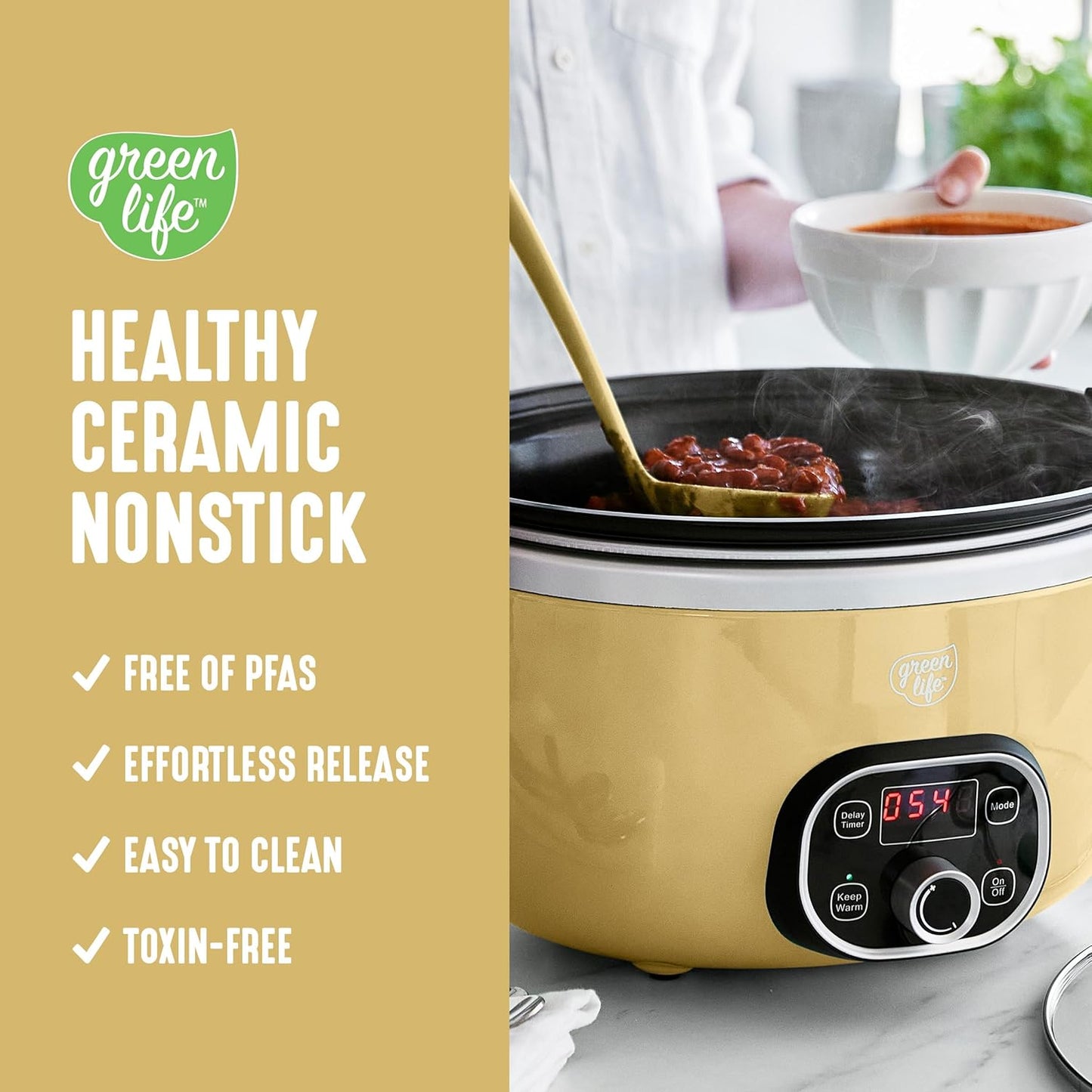 GreenLife 6QT Slow Cooker, Non-Toxic PFAS-Free Ceramic Nonstick Removable Interior Bowl, Programmable, Family Friendly, Keep Warm, Stovetop & Oven Safe, Dishwasher Safe Parts, Timer, Glass Lid, Yellow