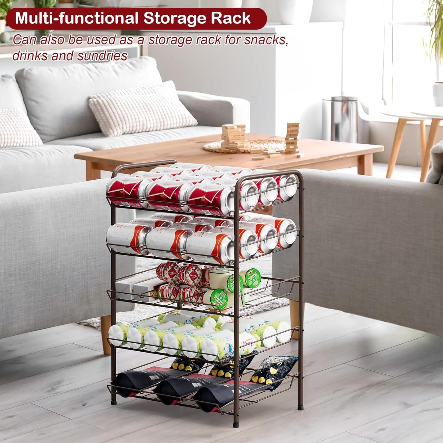 Vrisa Can Rack Organizer 5 Tier Cans Storage Organizer for Pantry Metal Can Food Holders Stacking Canned Goods Dispenser Rack Soda 60 Cans Organizers for Kitchen Pantry Cabinet, Rustic Brown
