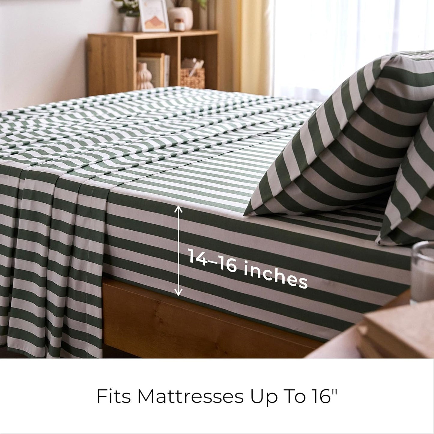 Mellanni Queen Sheets Set - 4 PC Iconic Collection Bedding - Hotel Luxury, Extra Soft, Cooling Bed Sheets - Wrinkle, Fade, Stain Resistant (Queen, Oxford Stripe Sage)