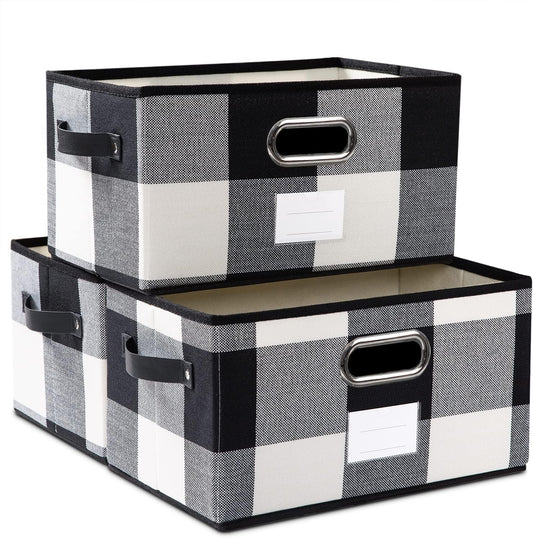 PRANDOM Fodable Storage Bins for Closet [3-Pack] Decorative Fabric Storage Baskets Cubes with Leather/Metal Handles for Shelves Bedroom Living Room Black and White Grid (11.5x8.5x6.7 Inch)