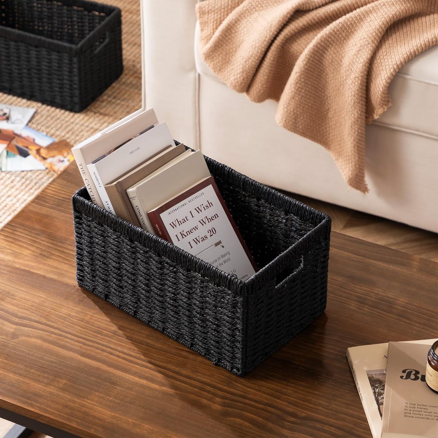 UBBCARE 3 Pack Wicker Basket, 13.4L×8.3H×7.1W inch Woven Paper Rope Storage Baskets for shelves, Foldable Rectangular Storage Baskets with Handle, Storage Basket for Organizing, Black