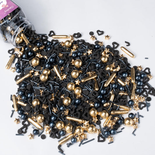 Black & Gold Star Sprinkles for Cake Decorating 4.23ounce - Sugar Mix Contains Gold Star & Pearl Sprinkles for Cupcake Toppers, Ice Cream, Candy, Cookie Decorations - Wedding Party Supplies