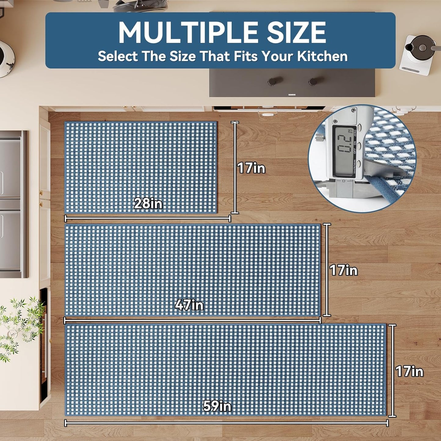 Kitchen Mats for Floor, Super Absorbent Kitchen Rugs Non Slip Washable, Rubber Backing Soft Chenille Braided Kitchen Runner Rug Standing Mat Sink Mat, Easy to Clean, Blue 17"x28"