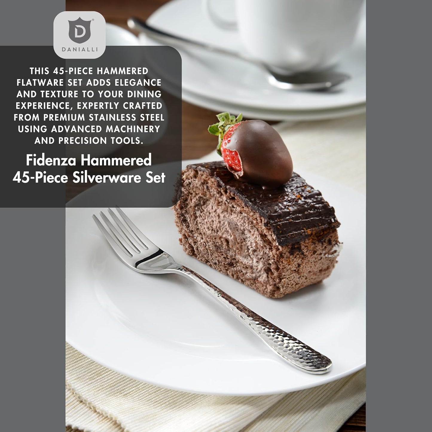 Hammered Silverware Set with Serving Utensils, 18/10 Stainless Steel Flatware for 8, Dishwasher Safe, Mirror Finish, Heavy-Duty, Built to Last (45-Piece Including a Serving Set, Fidenza Hammered)