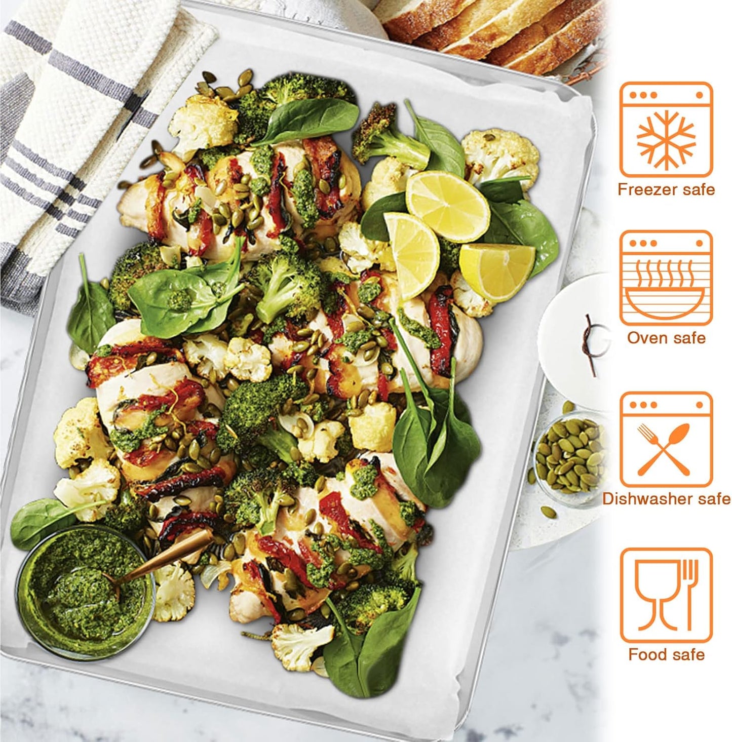 E-far Extra Large Baking Sheet, 20”x14” Stainless Steel Cookie Sheet Pan for Oven with 50 Parchment Paper, Rectangle Metal Baking Tray for Roasting, Rust Free & Heavy Duty, Dishwasher Safe-2 Pack