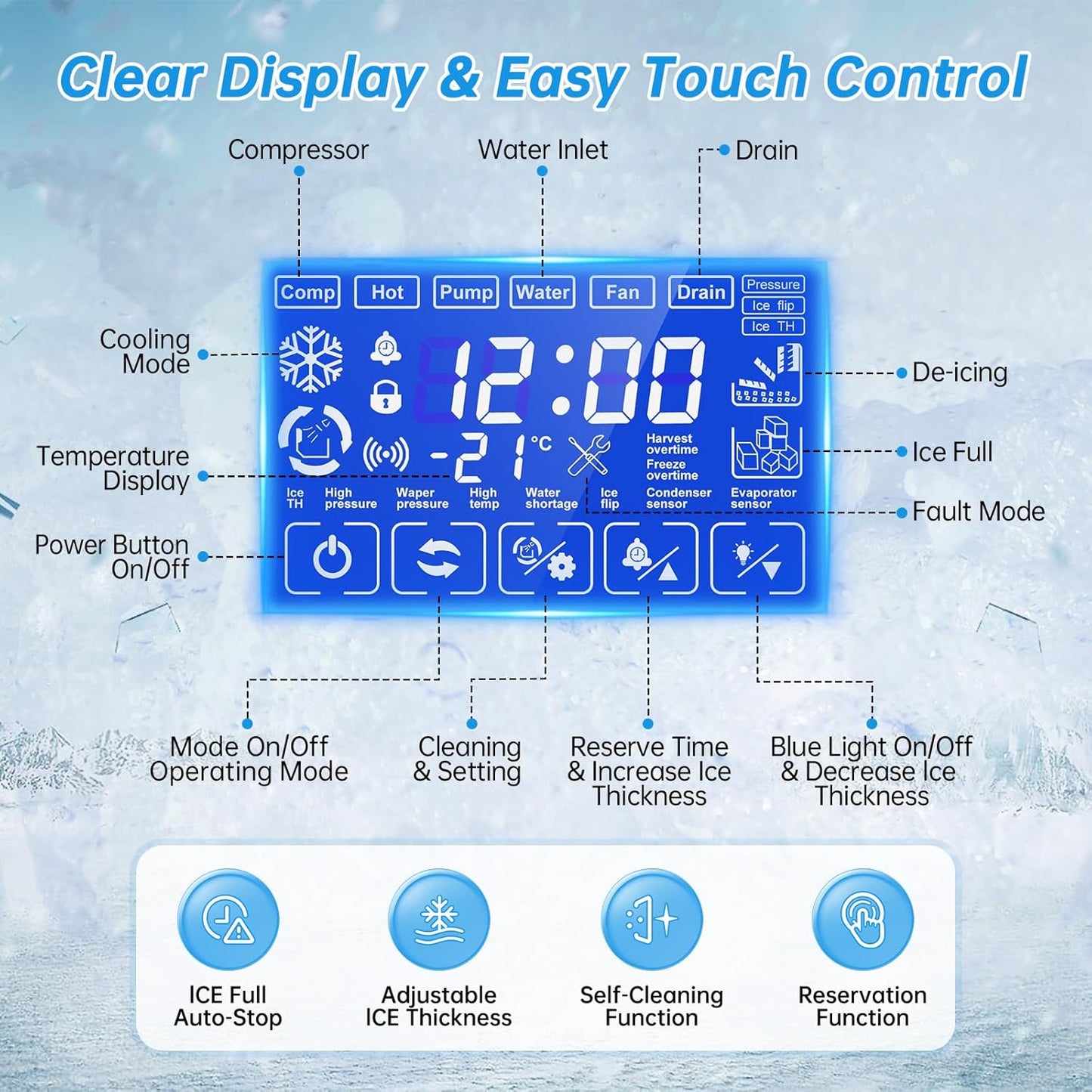 Ice Machine Commercial Ice Maker Machine, 450 Lbs /24H, 200 lbs Bin, Under Counter Built-in or Freestanding, Stainless Steel Household Use, Restaurant Bar Kitchen Cafe