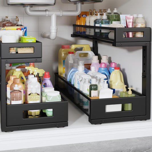 2 Pack 20.47IN Depth Under Sink Storage Organizer, Large 2-Tier Elegant Mesh Pull Out Shelf for Kitchen and Bathroom Cabinet Organization, L-Shaped and Adjustable Height Design-Black
