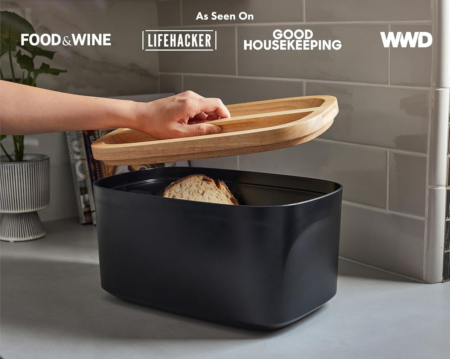 Sonder Los Angeles, Modern Bamboo Fiber and Recycled Plastic Bread Box (Black) for Kitchen Countertop with Reversible Bread Board Wood Lid 14.25 x 9.25 x 7 in