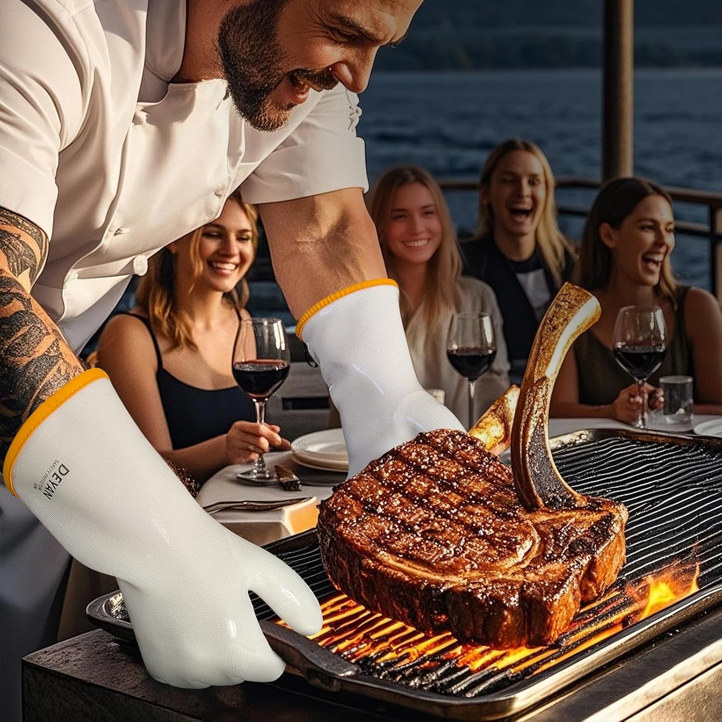 DEYAN Silicone BBQ & Oven Gloves - Food Grade, Heat Resistant Waterproof & Oil Proof Gloves for Grilling, Baking, Frying, Cooking - Long Sleeve & Non-Slip, 1 Pair (White, 9/L)