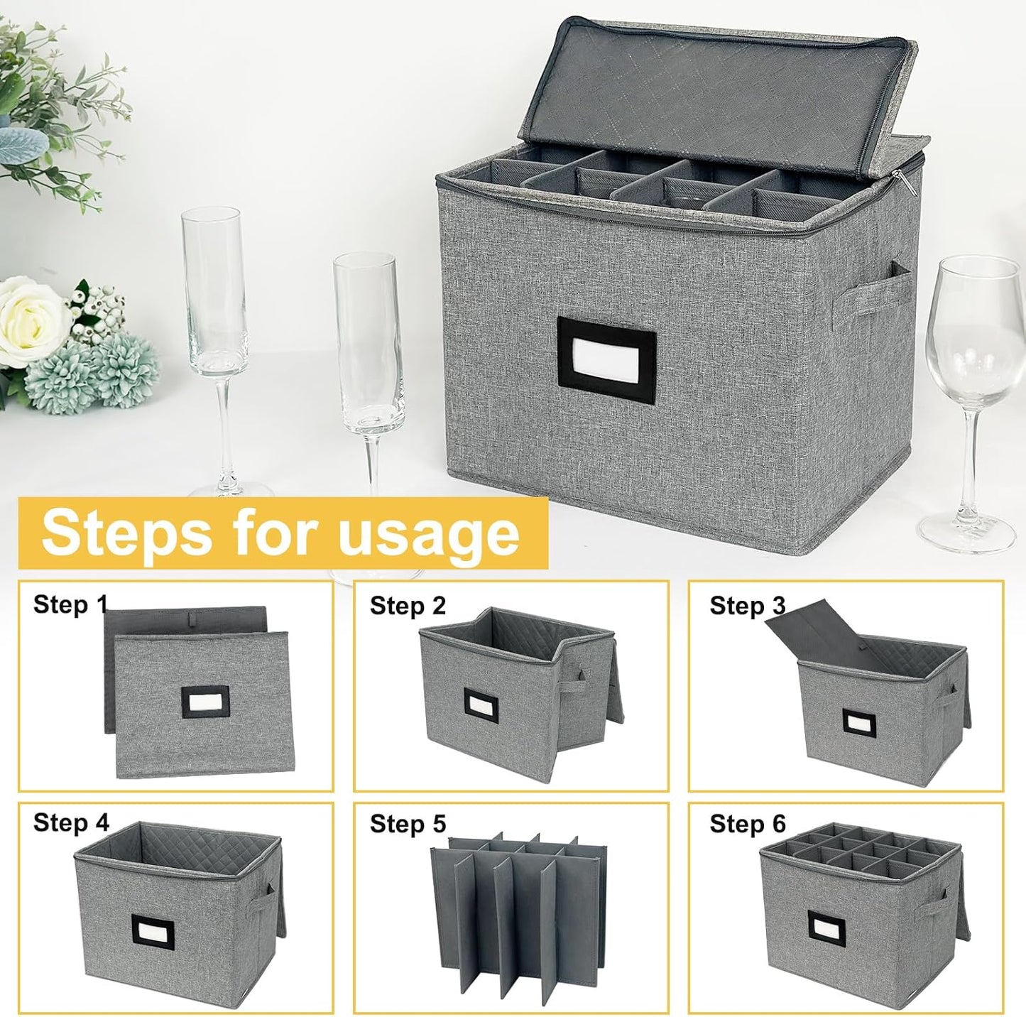 VERONLY Champagne Flute Storage Box with Dividers, Champagne Glass Storage Container, Hard Shell Stemware Storage Case Organizer for 12 Crystal Champagne Flutes Storage and Organization (Grey)