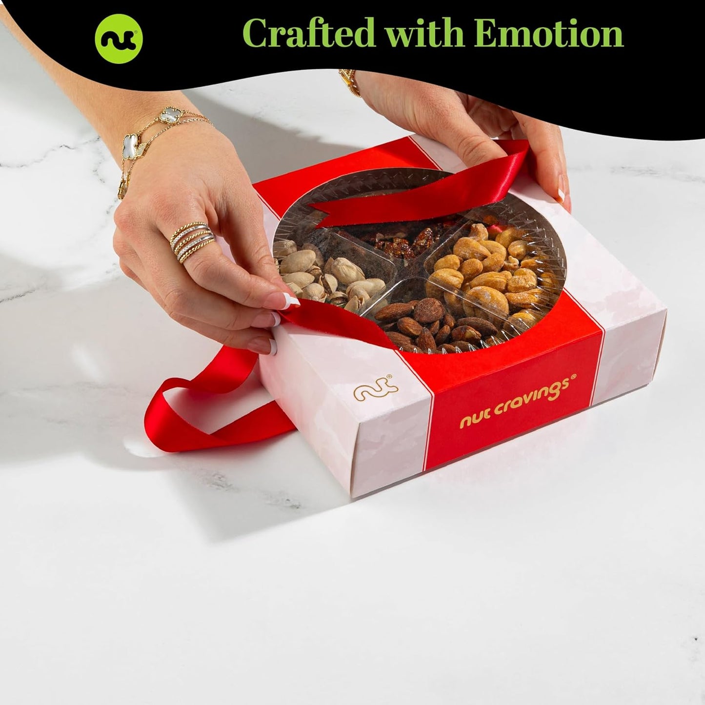 NUT CRAVINGS - Mixed Nuts Gift Basket in Red Gold Box (4 Assortments) Food Arrangement, Healthy Snack Care Package, Food Assortments