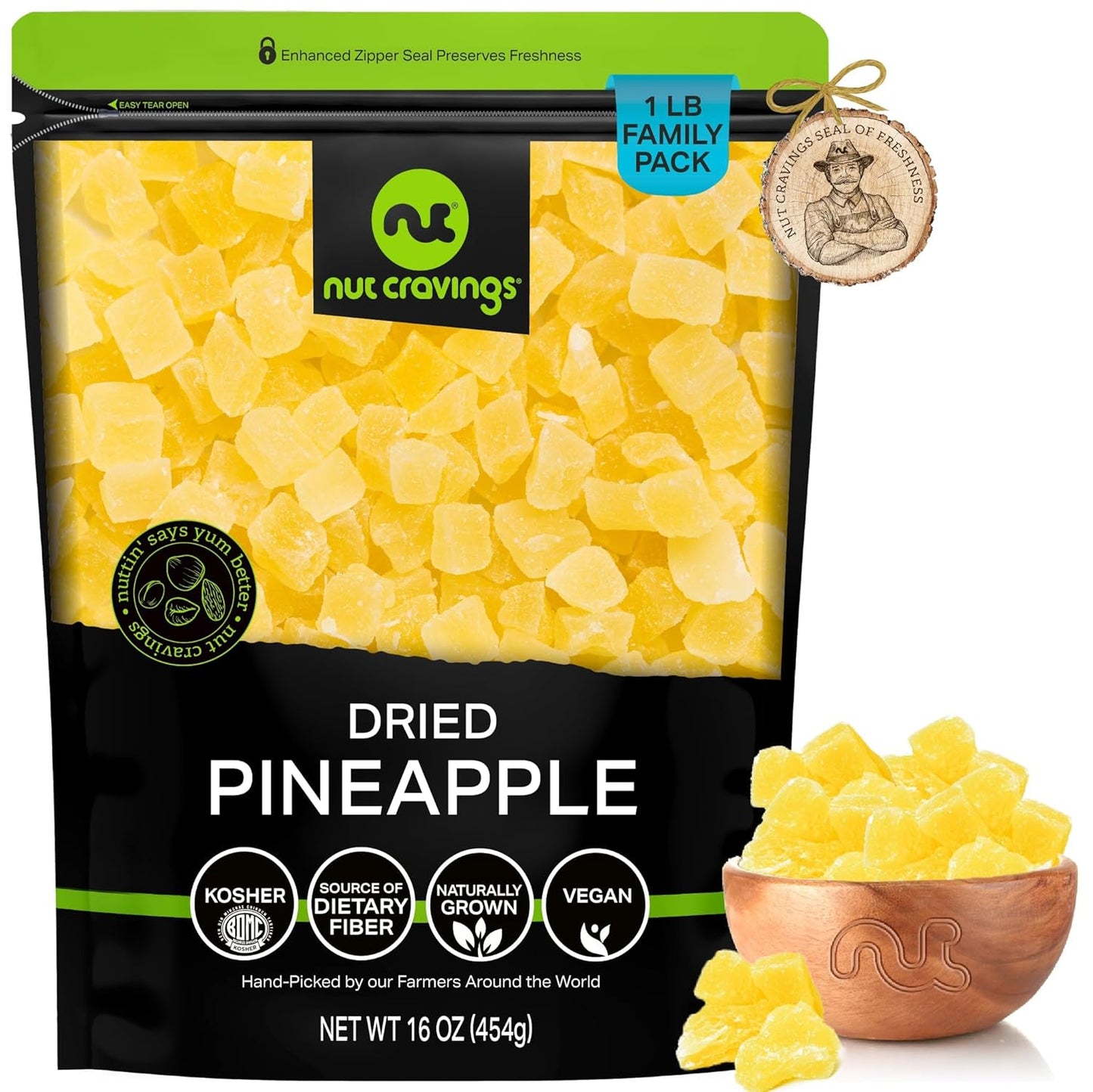 NUT CRAVINGS - Sun Dried Pineapple Chunks, Lightly Sweetened (16oz, 1 LB) Bulk Dry Fruits Packed Fresh in Resealable Bag - Sweet Healthy Snack, Naturally Grown, Vegan, Kosher