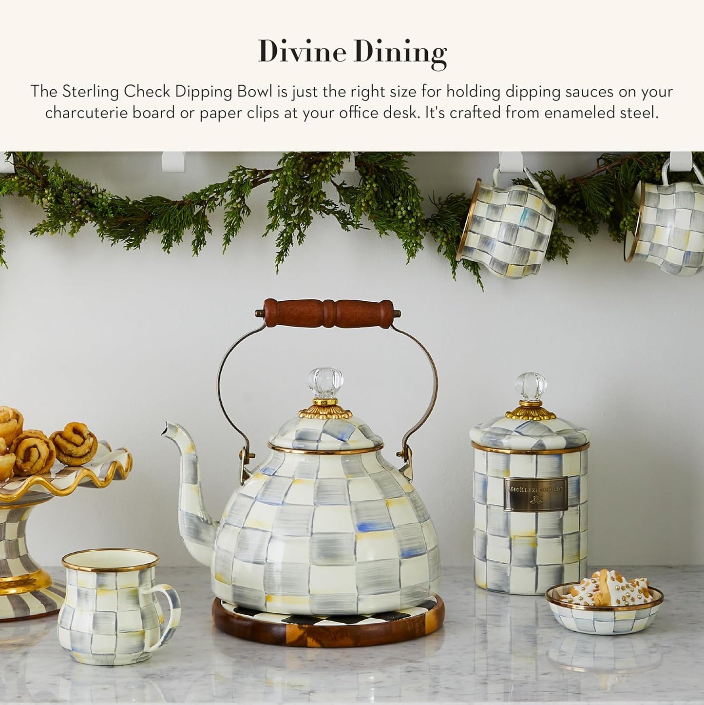 MACKENZIE-CHILDS Enamel Dipping Bowl, Small Serving Bowl for Entertaining, Gray-and-White Sterling Check