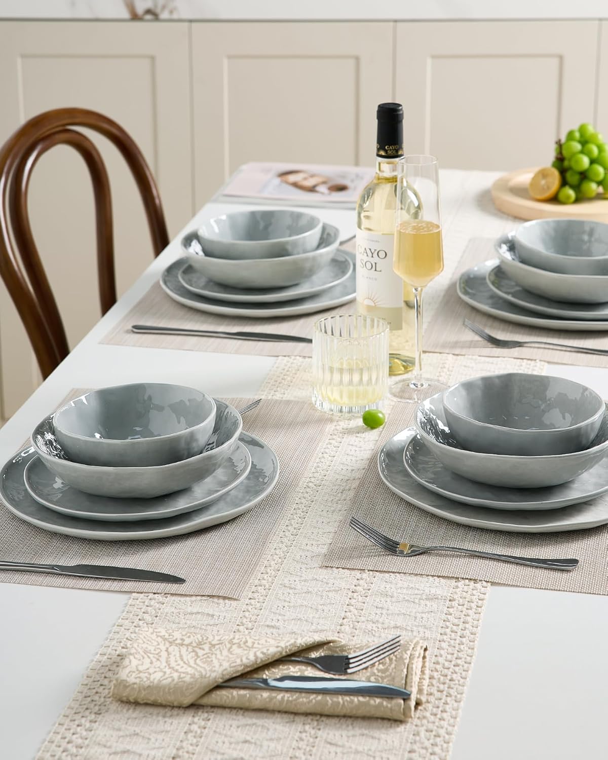 Famiware Porcelain kitchen plates and bowls set, Modern dishes set for 4, Handmade Wave Edge Dinnerware Sets, Microwave and Dishwasher Safe Tableware, Sleek Grey (16pc)