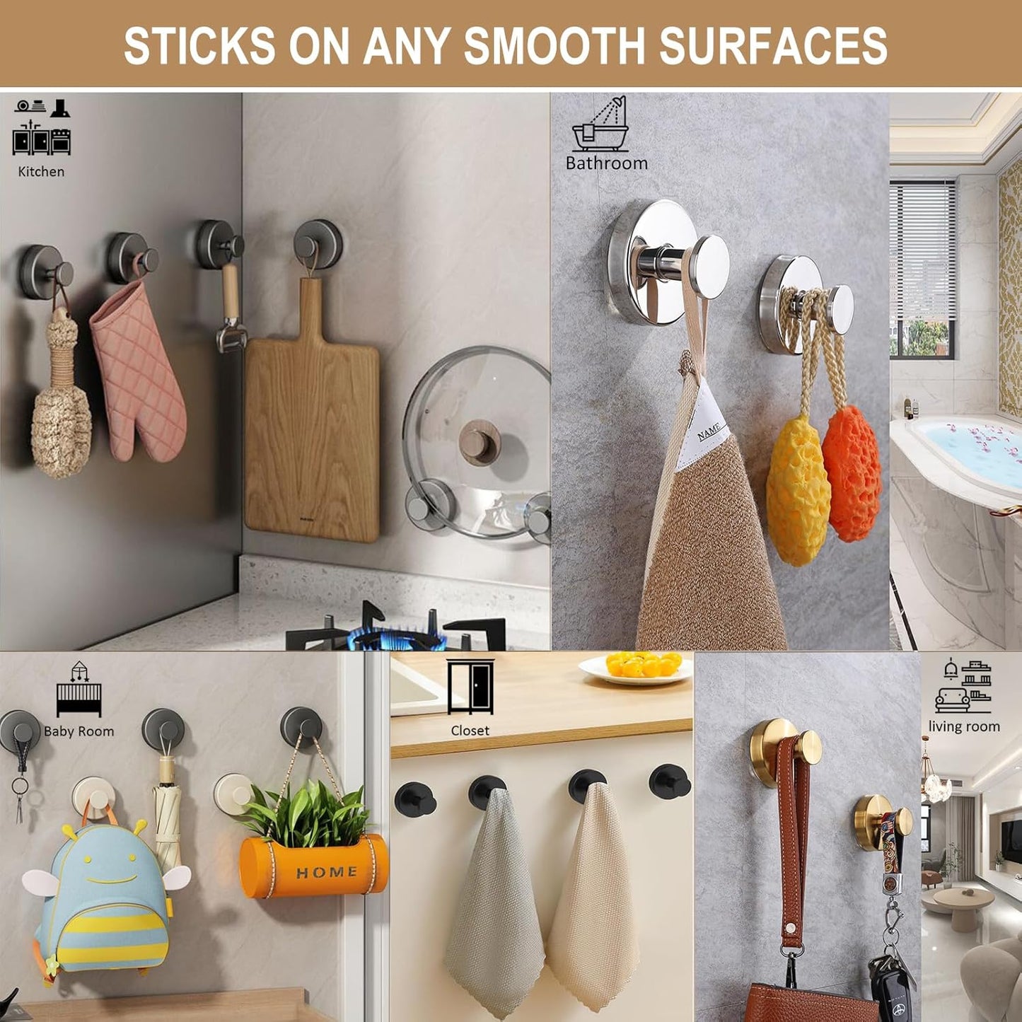 ZESLMG Suction Cup Hooks for Shower Wall, Door Wreaths, Removable Inside Shower Towel Hooks for Bathroom Window Glass Kitchen- Bath Robe Loofah Suction Hooks for Hanging More Surfaces (Black, 4 Pack)