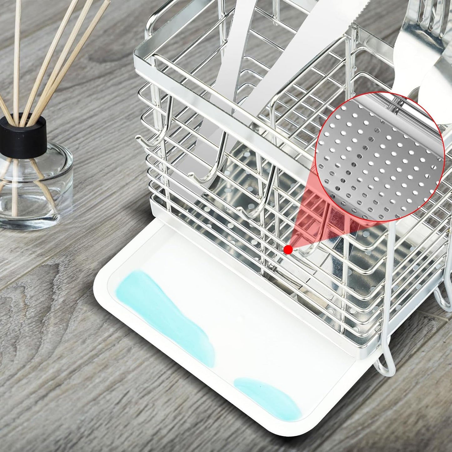 Utensil Holder, Stainless Steel Utensil Drying Rack with Drain Tray, Kitchen Counter Drainer Basket Silverware Cutlery Flatware Holder Forks, Knives, Spoons, Chopsticks Organizer (Silver)