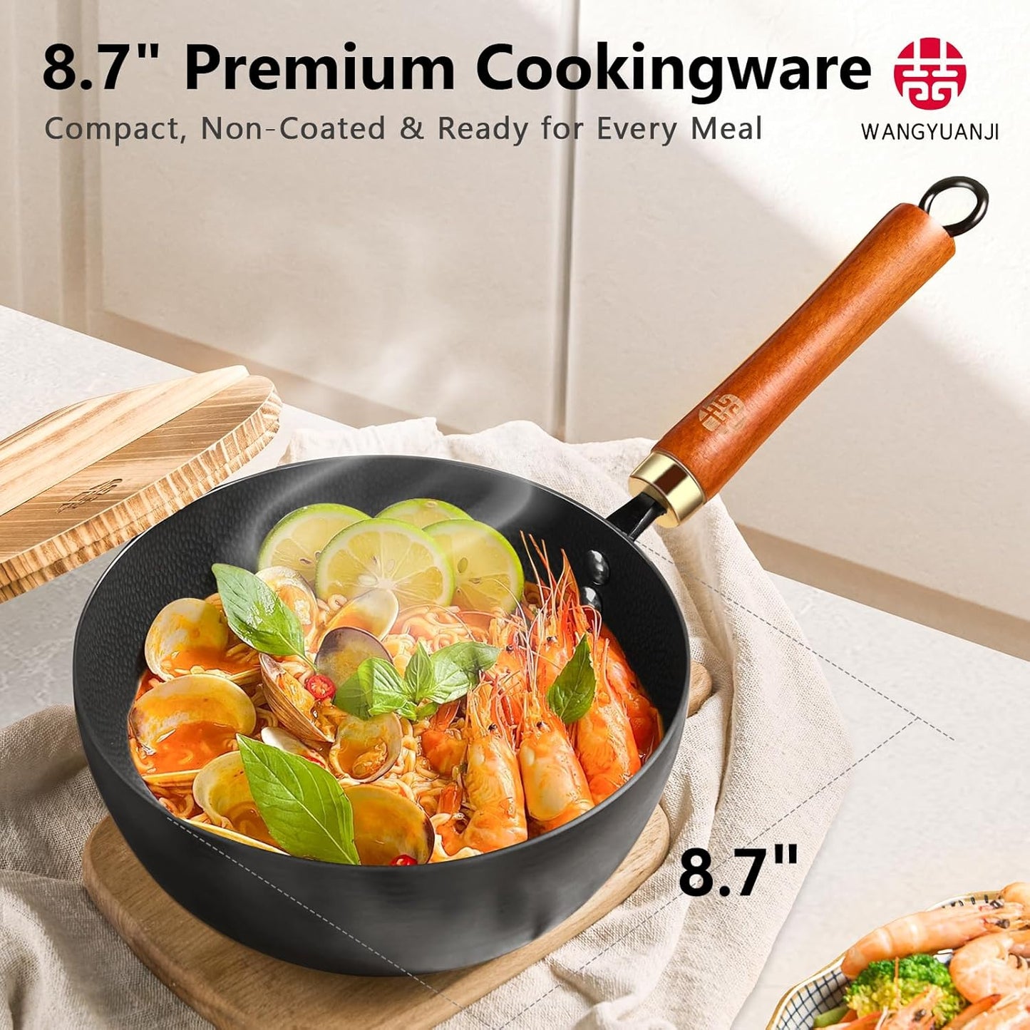 WANGYUANJI Iron Wok 8.7 Inch Deep Frying Skillet with Wooden Lid – Versatile Flat Bottom Stir-Fry Pan, Chemical-Free & Induction Compatible, Ideal Wrought Iron Small Wok for Home, Chef & Pro Use