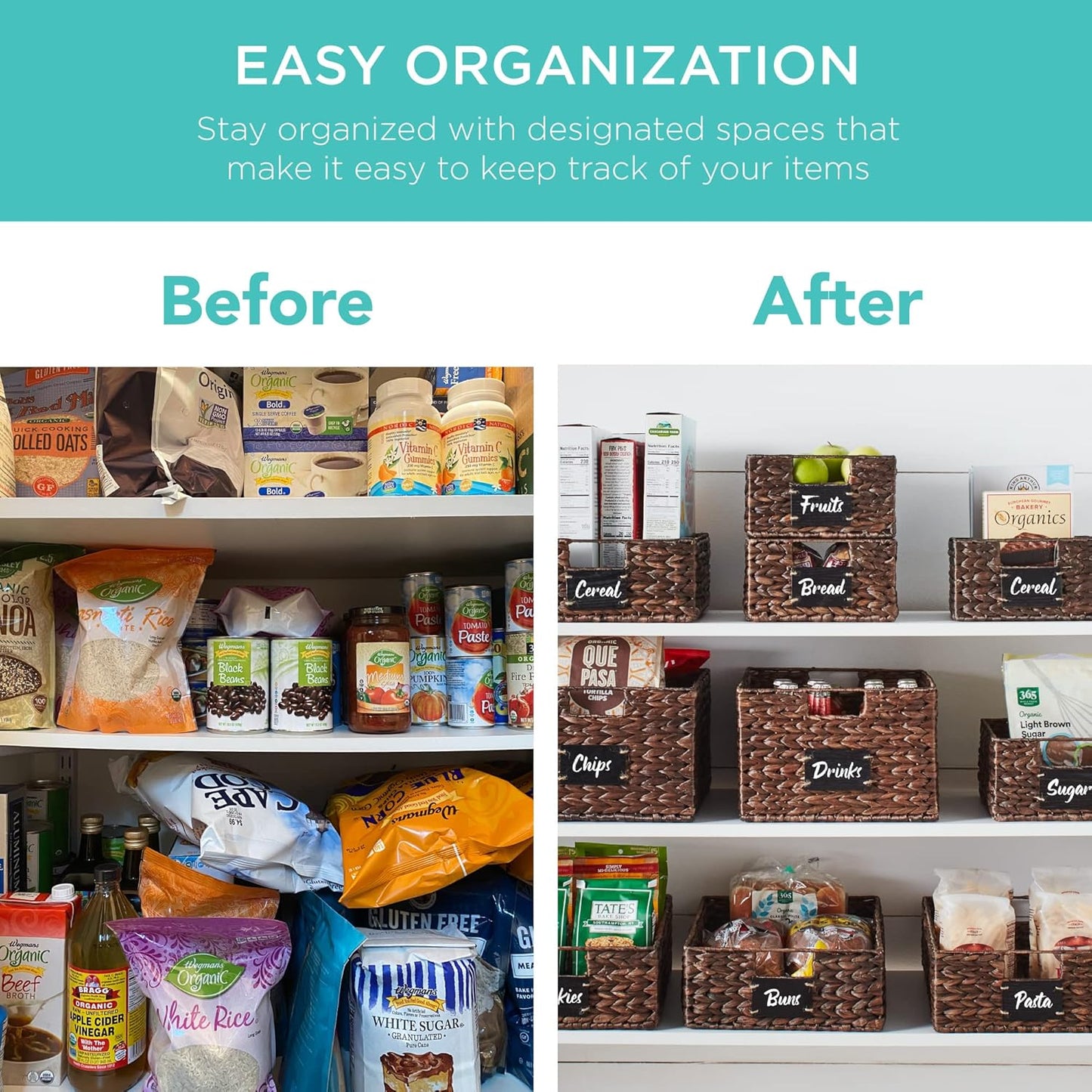 Best Choice Products Set of 4 16x12in Large Water Hyacinth Pantry Baskets, Woven Organizers w/Chalkboard Label, Chalk Marker - Brown