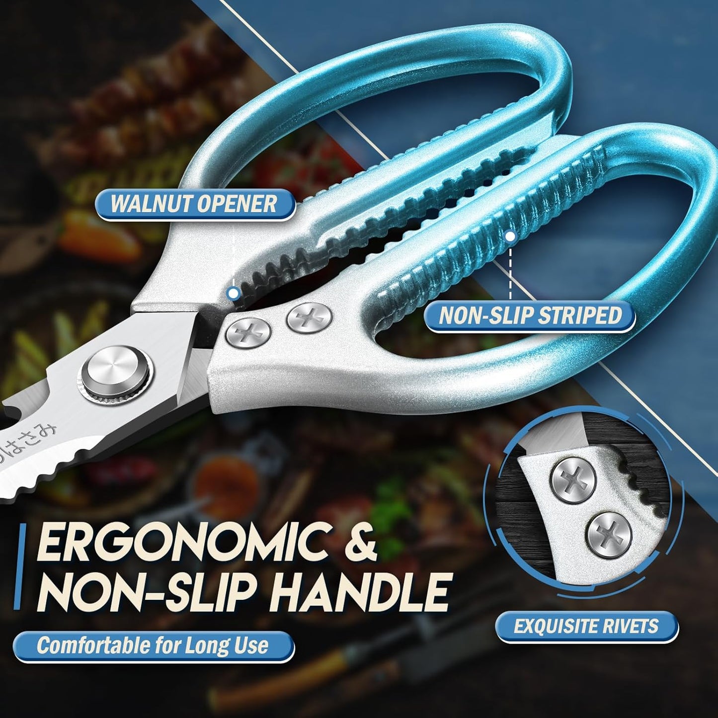 TIJERAS Kitchen Scissors Set Blue - Stainless Steel Kitchen Shear, Sharp Meat Scissors Dishwasher Safe, Heavy Duty Poultry Shears, Japanese Cooking Scissor for Food, Chicken Bones, and Turkey