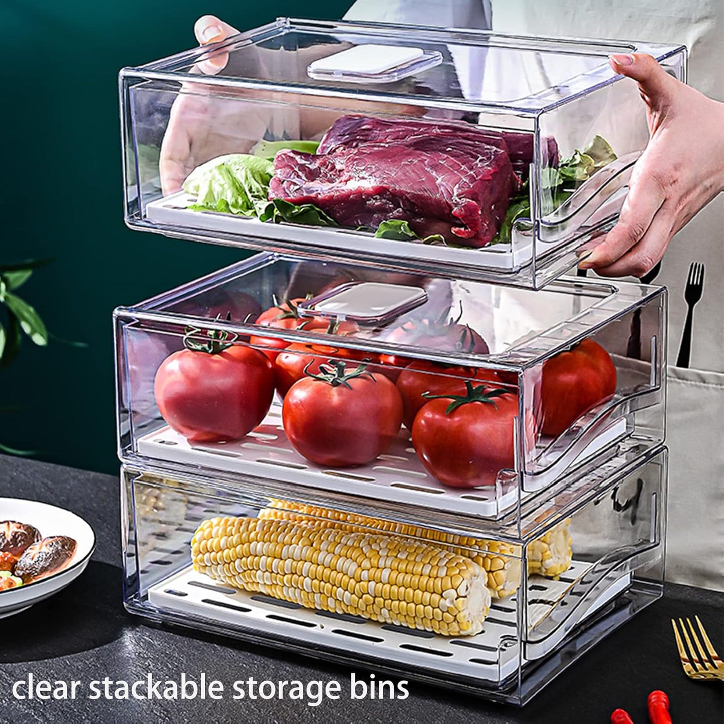 Diskary Fridge Organizer, Stackable Refrigerator Organizer Bins, Reusable Food Storage Containers, Fridge Drawer Organizer in Home Kitchen, Barbecue Shop, Restaurant, BPA-Free (2 Drawers, Medium)