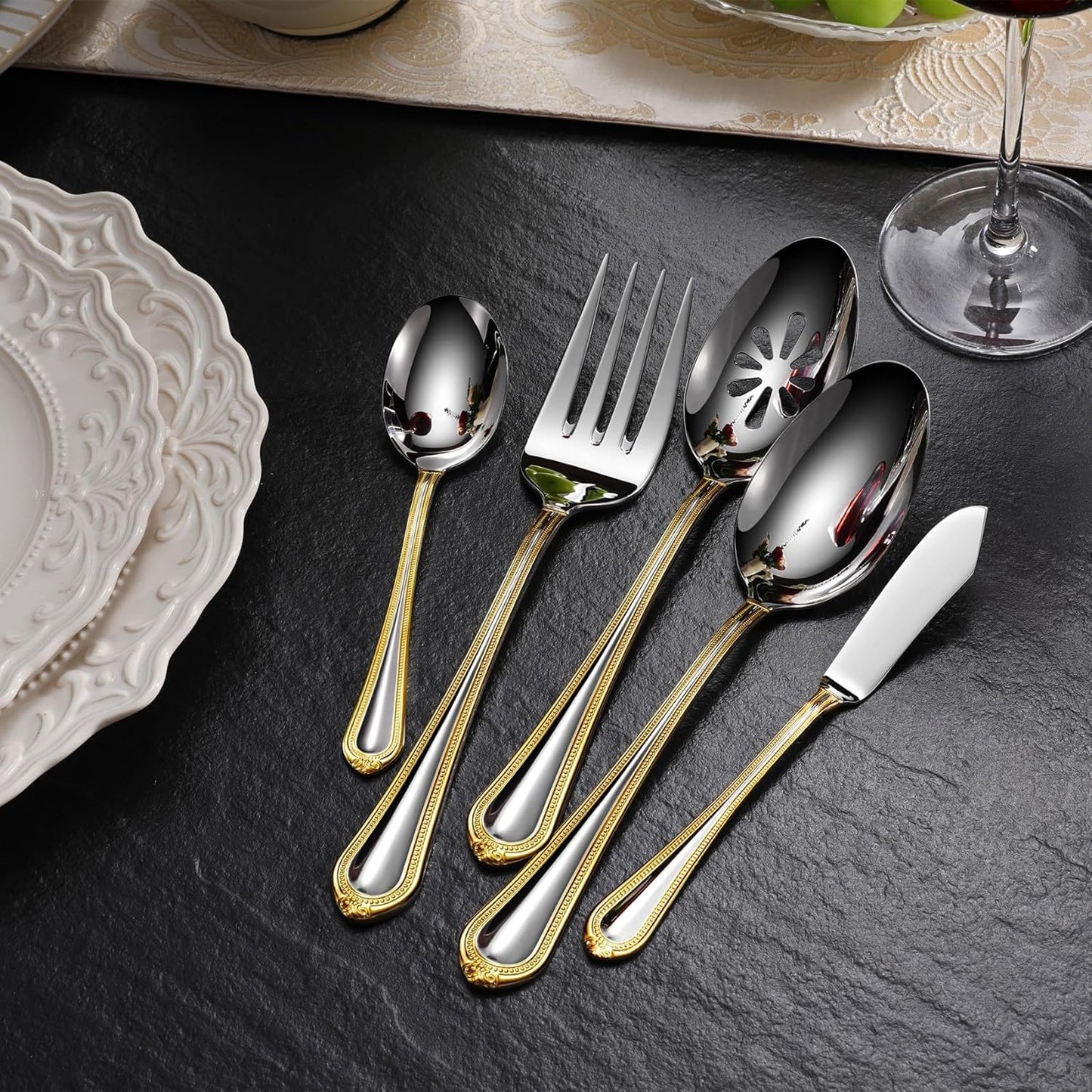 KEAWELL Pearl Edge Premium 65-Piece Refined Bead Silverware Set, 18/10 Stainless Steel, Service for 12, Fine Flatware Set with Serving Utensils, Dishwasher Safe (65, Gold Accent)