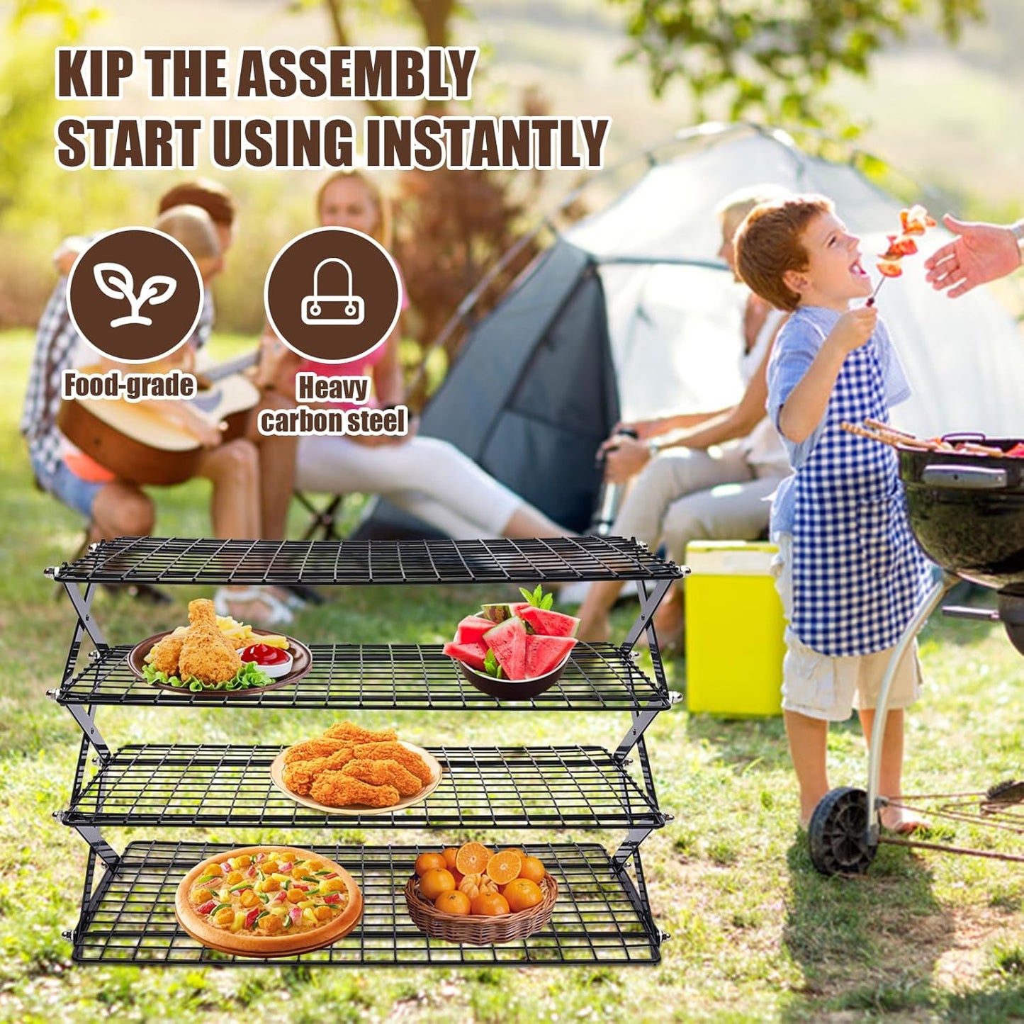 4-Tier Collapsible Cooling Rack – 16" x 10" Adjustable Stackable Non-Stick Wire Rack for Baking, Roasting, Cookies, Cakes, Drying, Picnic & BBQ, Each Tier Holds 22 Lbs