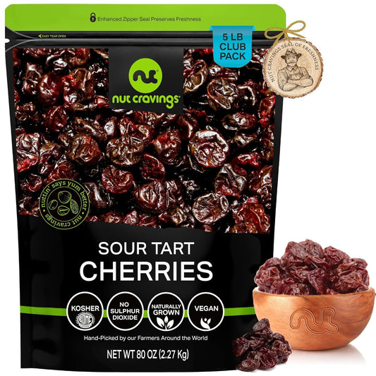 NUT CRAVINGS - Sun Dried Sour Tart Cherries, Lightly Sweetened (80oz, 5 LB) Bulk Dry Fruits Packed Fresh in Resealable Bag - Sweet Healthy Snack, Naturally Grown, Vegan, Kosher