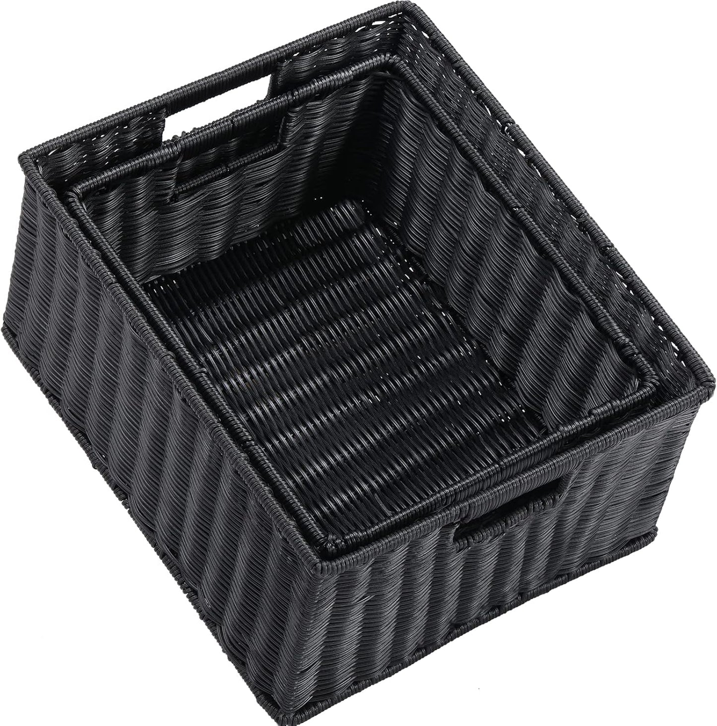 HOONEX Large Wicker Baskets for Storage, Plastic Baskets for Organizing with Dual Handles, Woven Baskets for Storage, Set of 2, (Black, 15 x 12.8 x 7.5 inches)