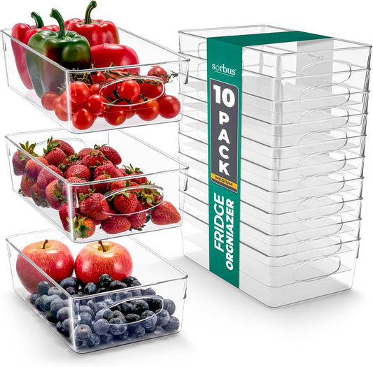 Sorbus 10-Pack Medium Clear Plastic Organizing Bins – Clear Bins for Organizing, Refrigerator Organizers, Fridge Organizer, Pantry Storage, Kitchen Organizer, and Pantry Organizers and Storage Bins