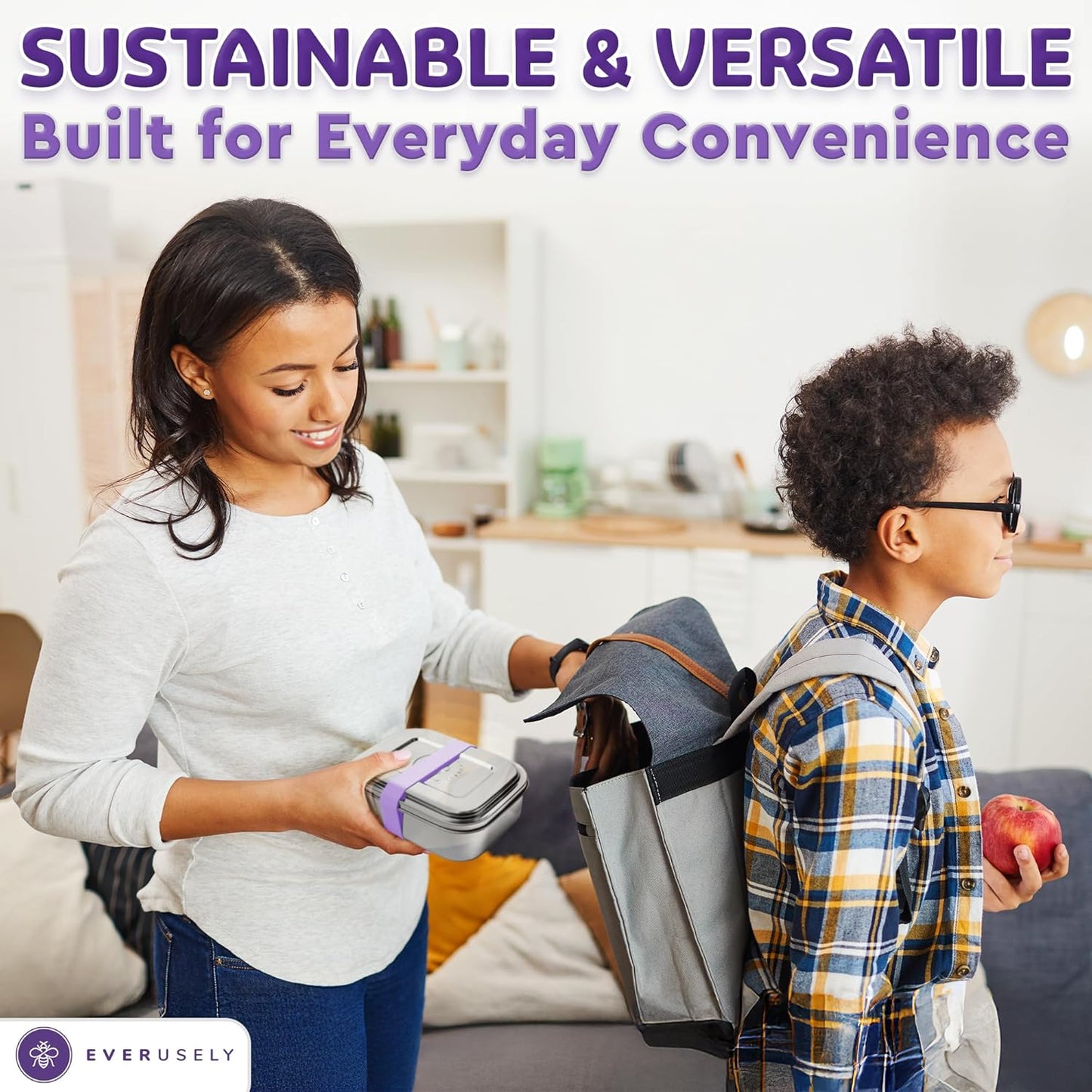 Everusely - Bento Box - Lavender, 27oz / 0.8 L - Stainless Steel Lunch Box with Leakproof Condiment Container - 3 Compartment Snack Organizer for On the Go Meals - Freezer & Dishwasher Safe