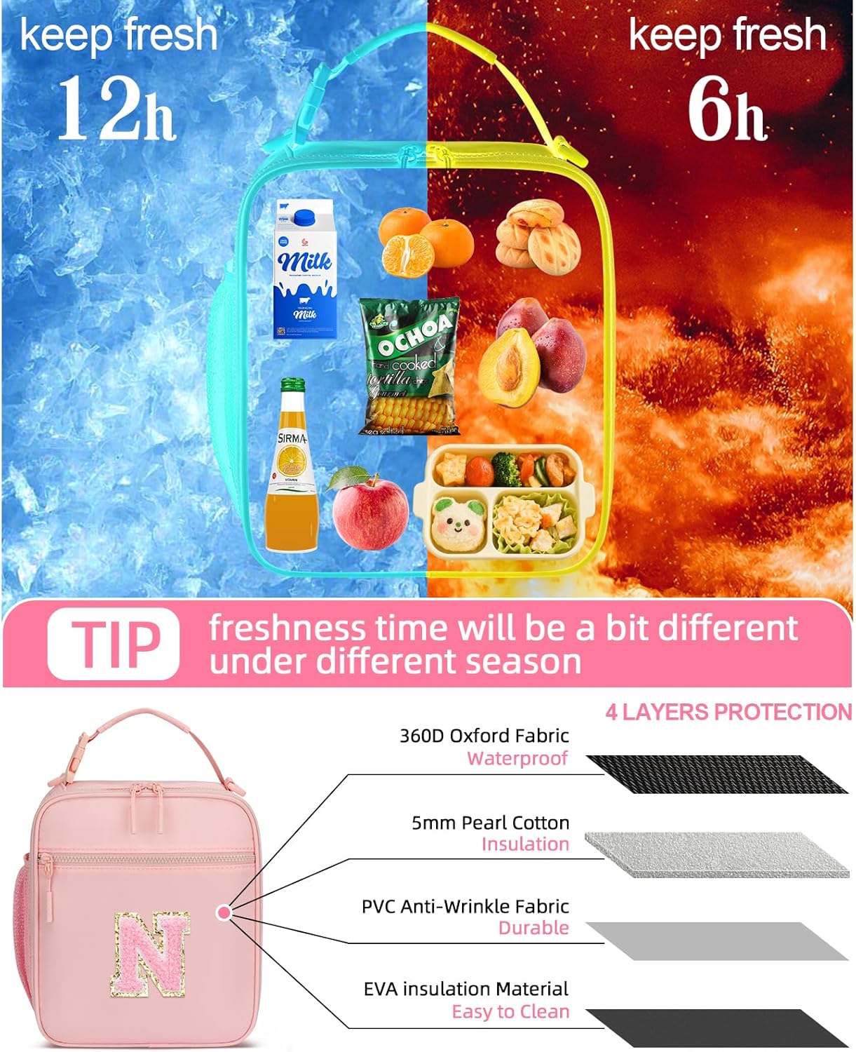 Initial Insulated Lunch Bag for Girls Kids, Back to School Gift, Reusable Leak-proof Lunch Box with Adjustable Strap for School Daycare Travel Picnic (Pink,N)