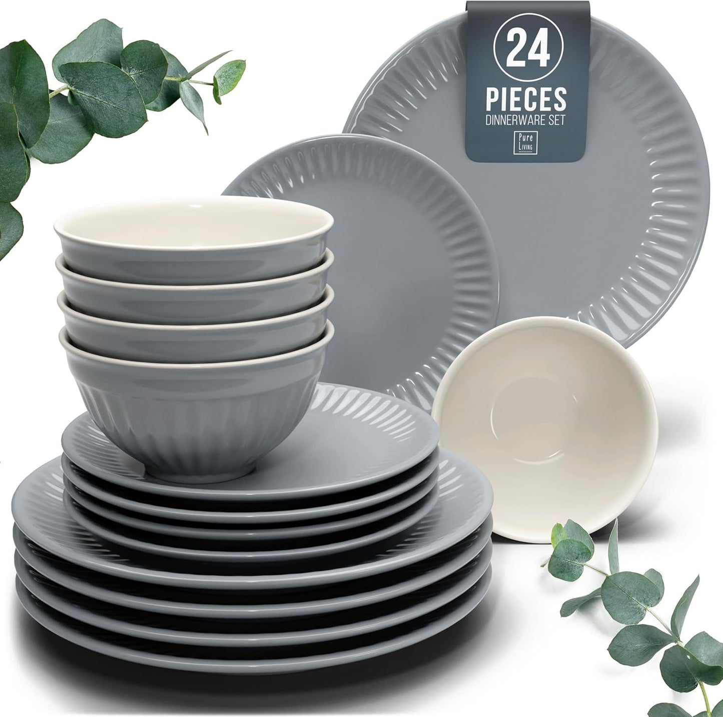 Stoneware Dinnerware Set for 8 People HYGGE 24-Piece - Elegant Scandi Design - Premium Dish Set - Bowl and Plate Set - Tableware for 8 People in a Ribbed Design - Pure Living in Gray-Blue