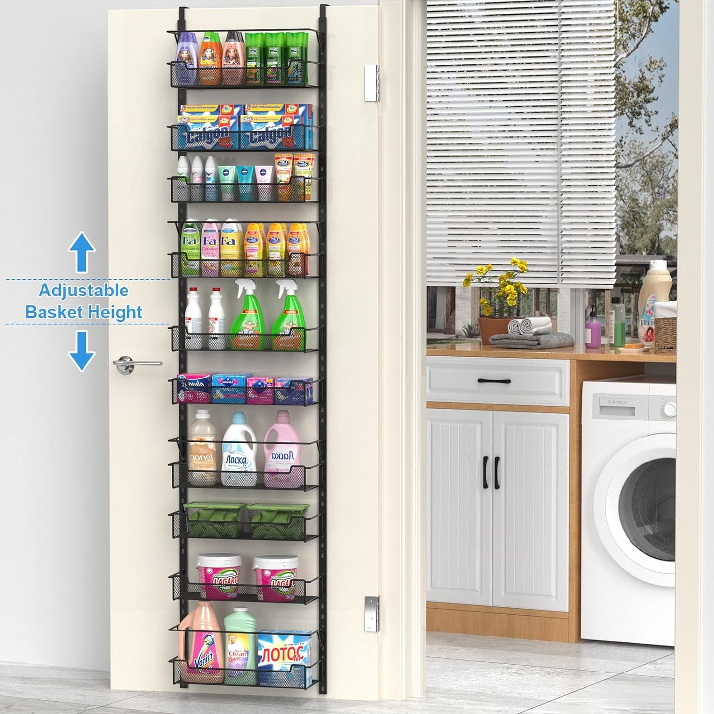 Over the Door Organizer, 10-Tier with Adjustable Bins - Kitchen Storage, Black