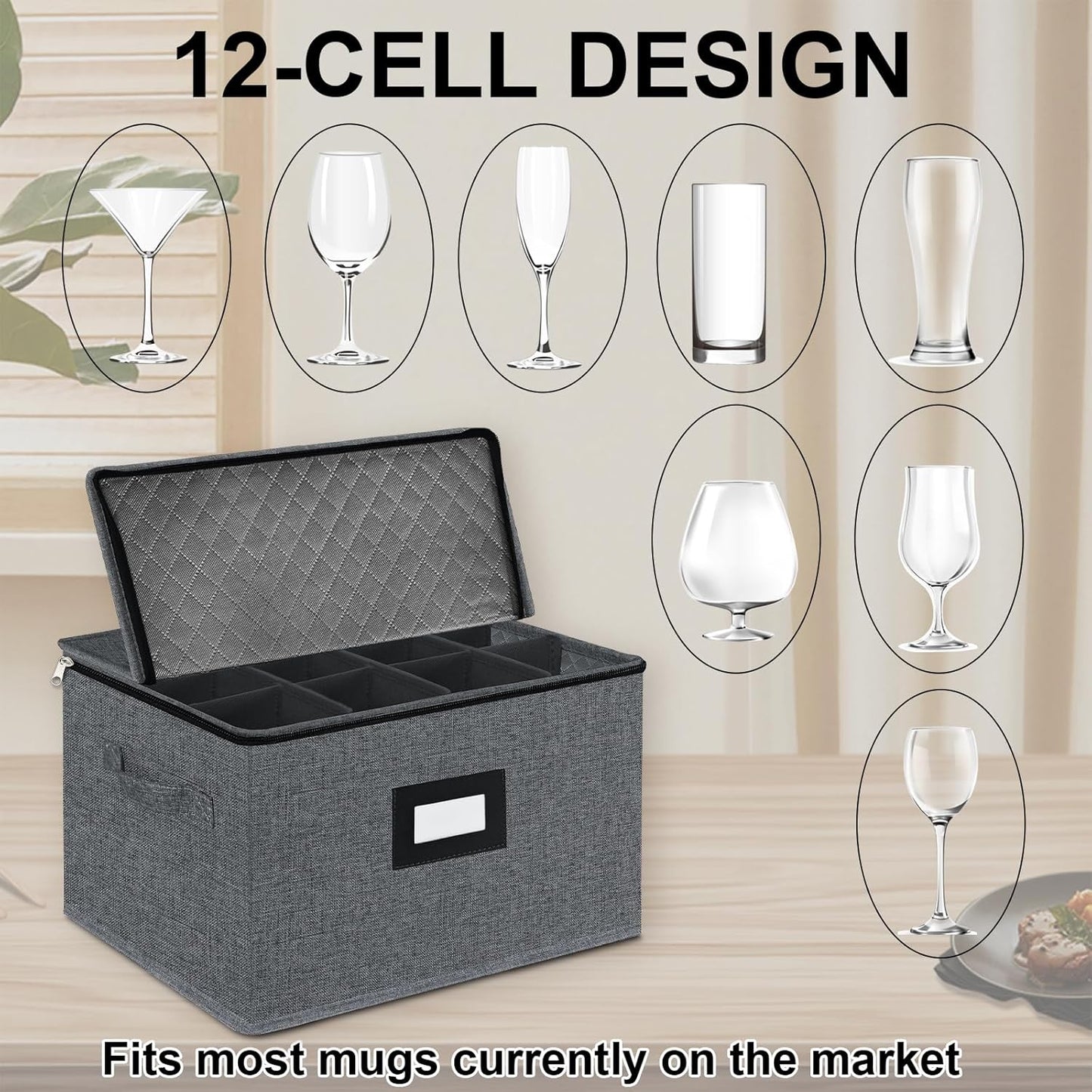 VERONLY Wine Glass Storage Box with Dividers for 12, Hard Shell Stemware Storage Container - Stackable Glassware Case with Handles and Label -Moving Storage for Crystal -Dark Gray