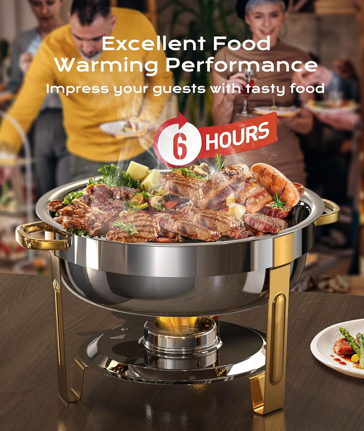Chafing Dishes for Buffet 2 Pack, 6QT [Worry-Free Assemble] Round Chafing Dish Buffet Set [Elegant Gold and Silver Colors] Stainless Steel Chafers and Buffet Warmers Sets for Parties with Complete Set