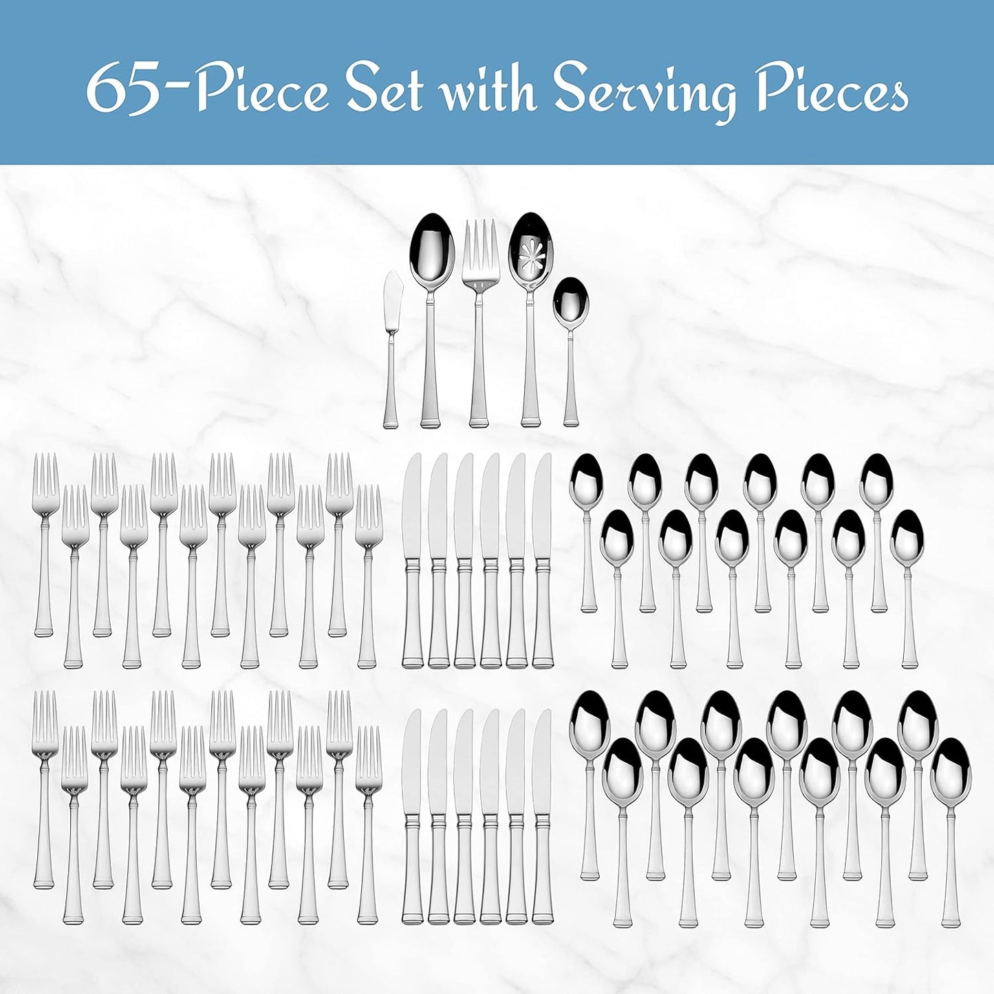 Mikasa Harmony 65-Piece Flatware Set for 12, 18/10 Stainless Steel Silverware with Forks, Knives, Spoons, and Serving Utensils, Elegant Design