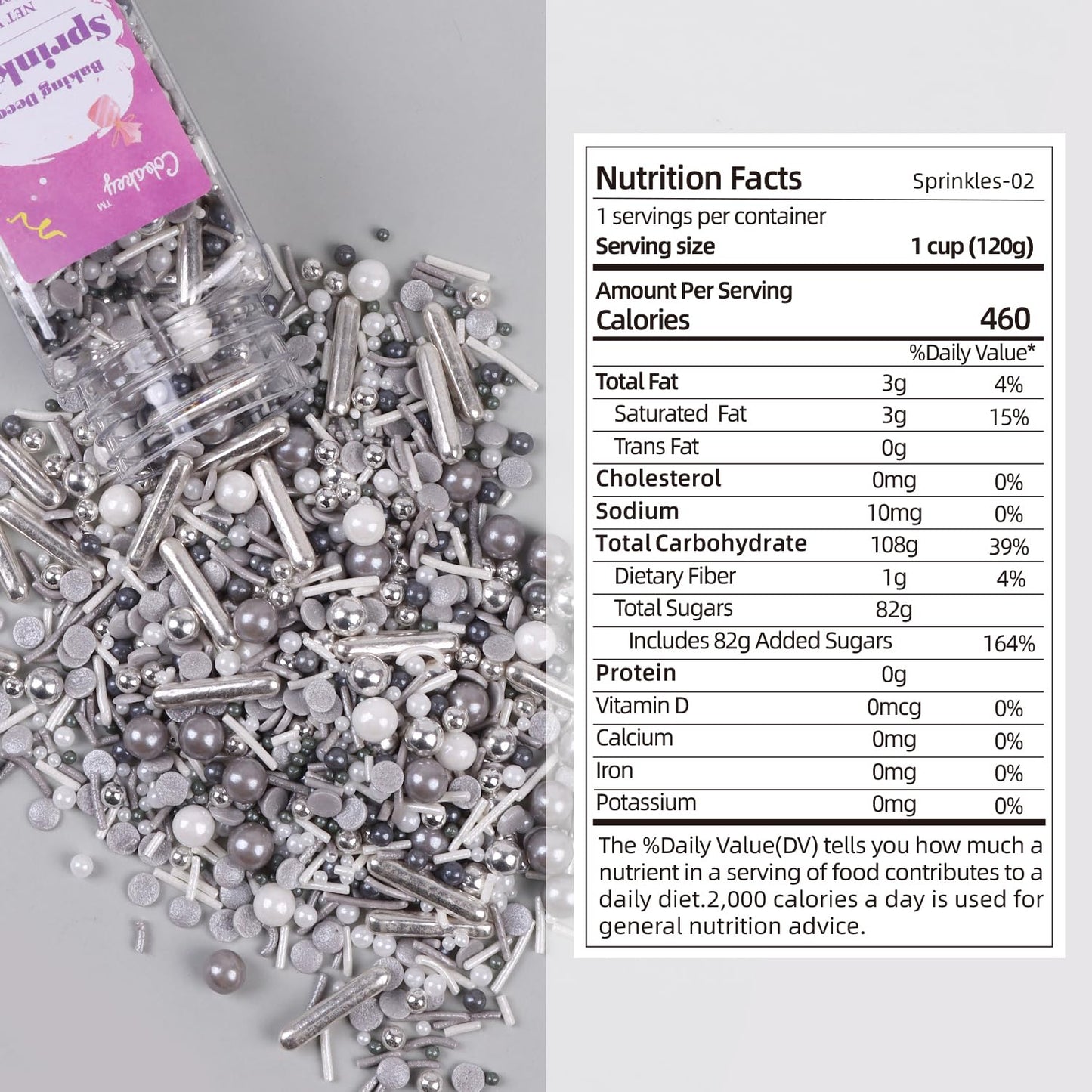 Gray & Sliver Sprinkles for Cake Decorating 4.23ounce - Sugar Mix Contains Metallic & Pearl Sprinkles for Cupcake Toppers, Ice Cream, Candy, Cookie Decorations - Holiday Party Supplies