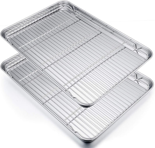 P&P CHEF 19.6 Inch Stainless Steel Baking Sheet with Rack Set (2 Pans+ 2 Racks), Cookie Sheets Baking Trays and Cooling Wire Racks, Oven & Dishwasher Safe, Pans with Flat Racks