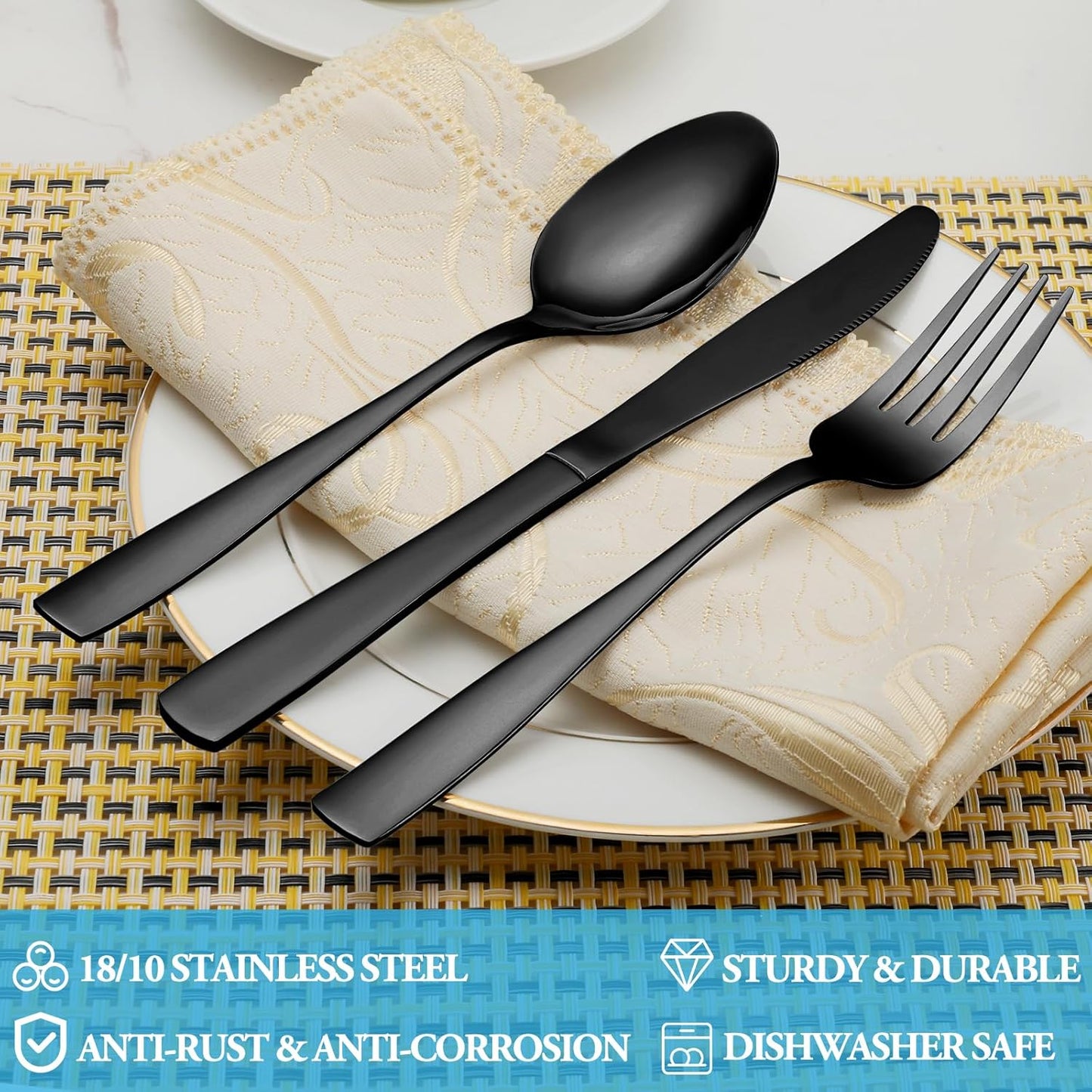 30 Pcs Black Silverware Set, Stainless Steel Flatware Set Service for 6, Mirror Polished Cutlery Utensil Set, Durable Home Kitchen Eating Tableware Set, Include Fork Knife Spoon Set, Dishwasher Safe